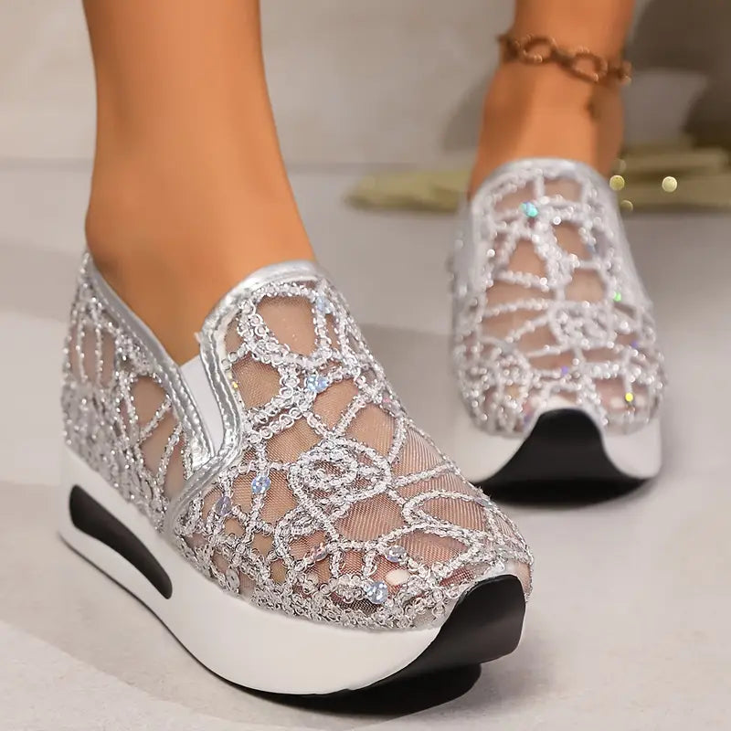 Sequin Platform Wedge Mesh Shoes