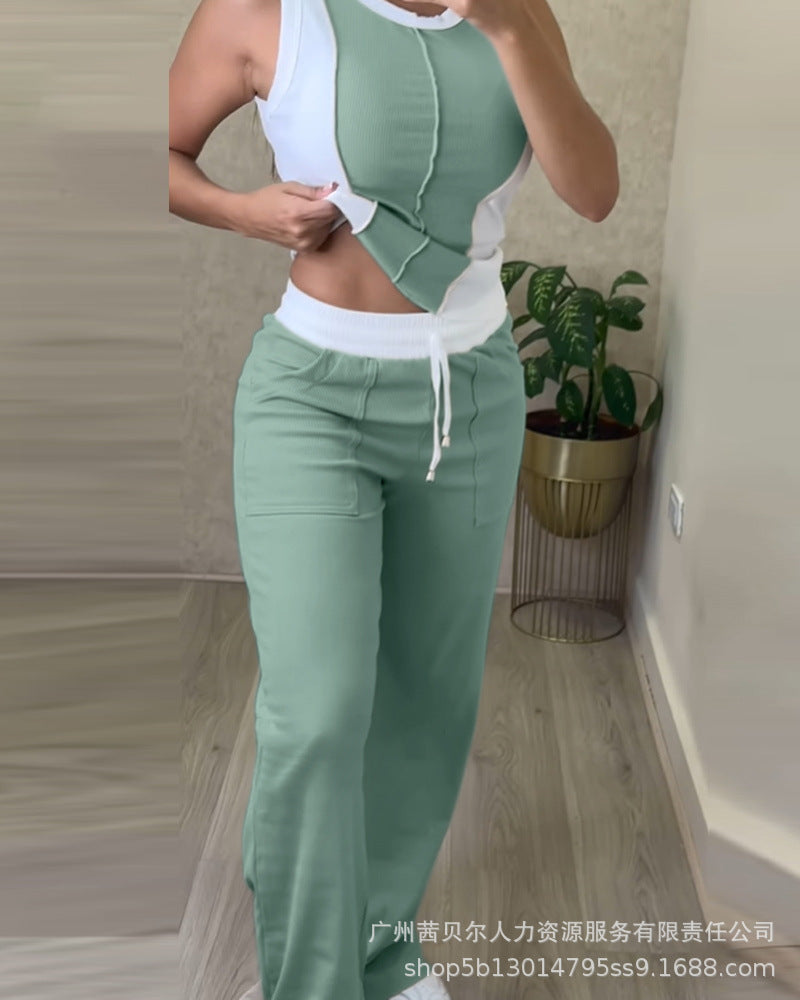 Tank Top And Straight Leg Pocket Design Pants Tracksuit