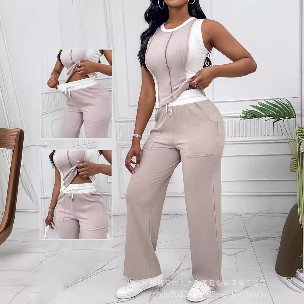 Tank Top And Straight Leg Pocket Design Pants Tracksuit