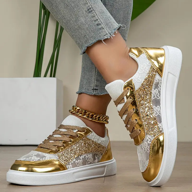 Golden-Tone Rhinestone Low-Top Sneakers