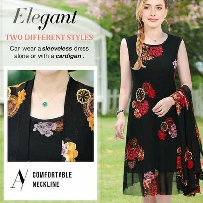 Flower Paint Sleeveles Dress With Cardigan(2PCS/SET)