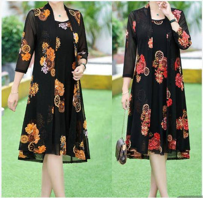 Flower Paint Sleeveles Dress With Cardigan(2PCS/SET)