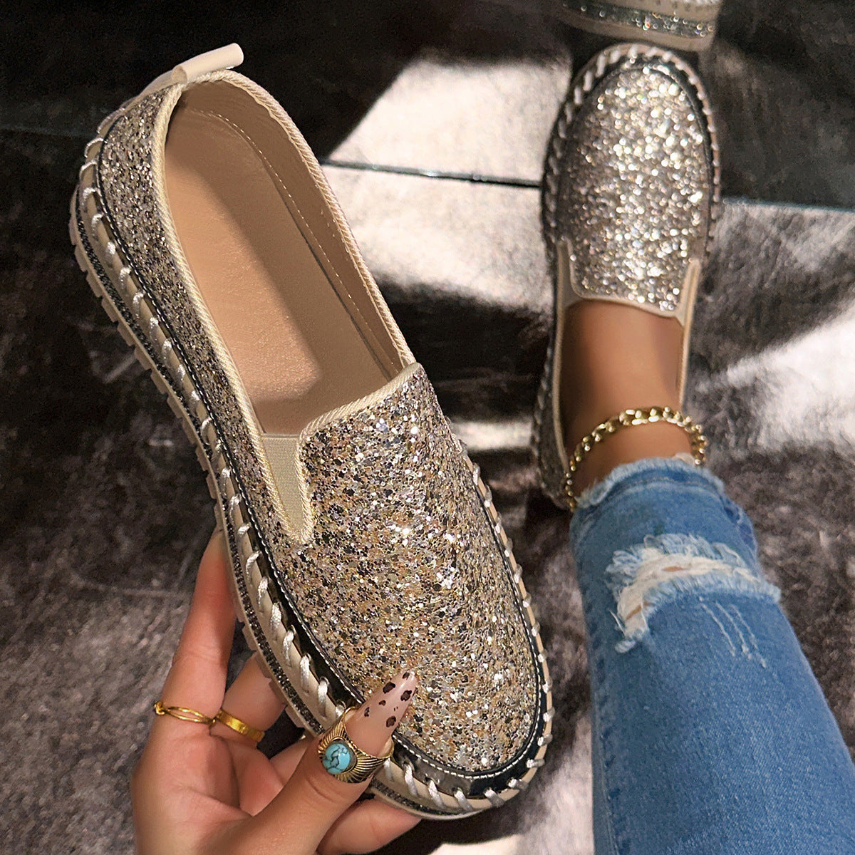 Elegant Sequin Sparkling Slip-On Flats