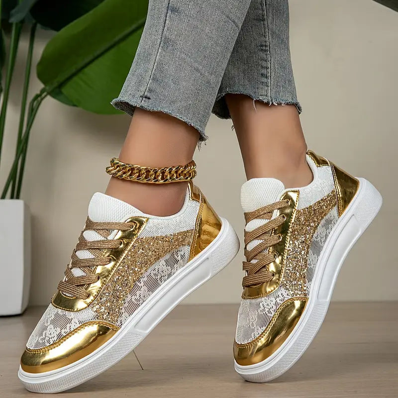 Golden-Tone Rhinestone Low-Top Sneakers